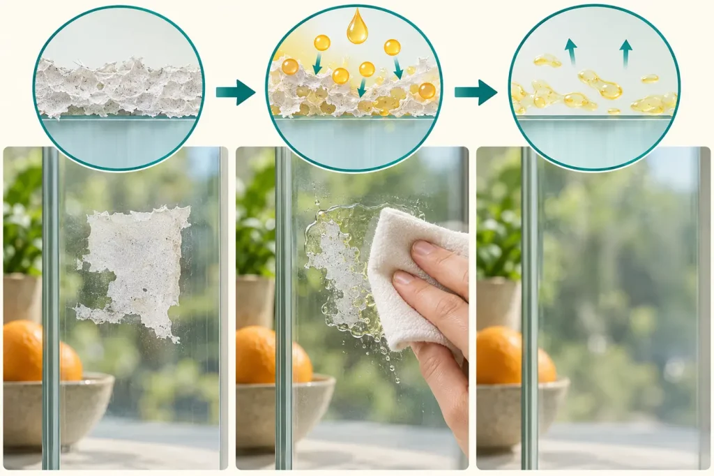 Sticky label residue removed with citrus type adhesive remover on glass