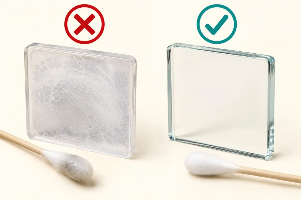 Acetone vulnerable plastic becoming cloudy contrasted with tested glass remaining clear