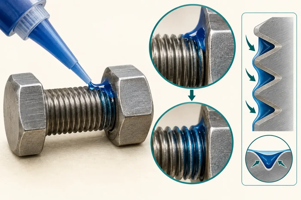 Preassembled threaded bolt with wicking adhesive reaching thread path from edge