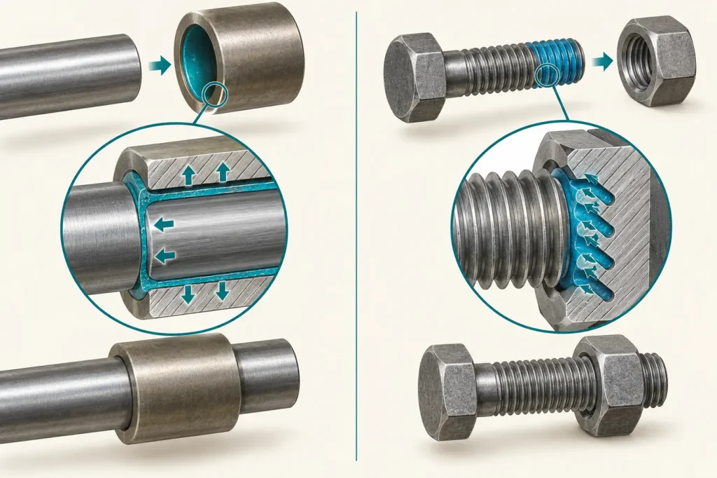 Retaining adhesive filling annular shaft sleeve gap compared with threadlocker in bolt threads
