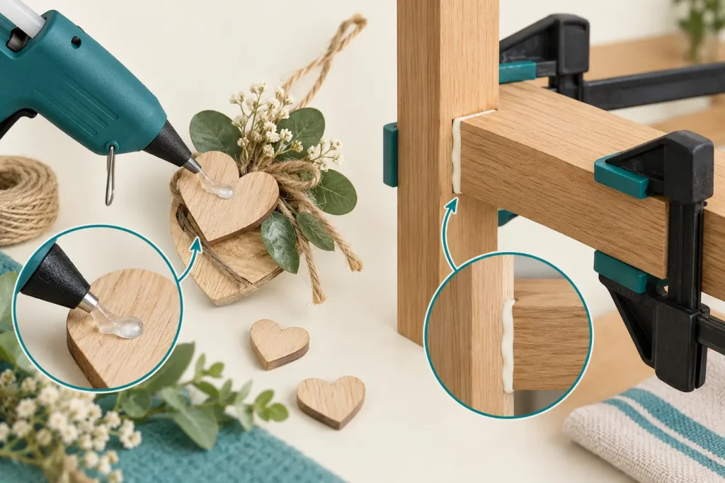 Hot melt glue securing light craft decoration beside clamped wood glue furniture joint