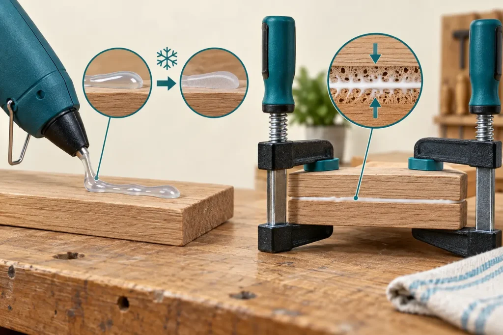 Hot glue bead cools solid while wood glue joint stays clamped on workbench