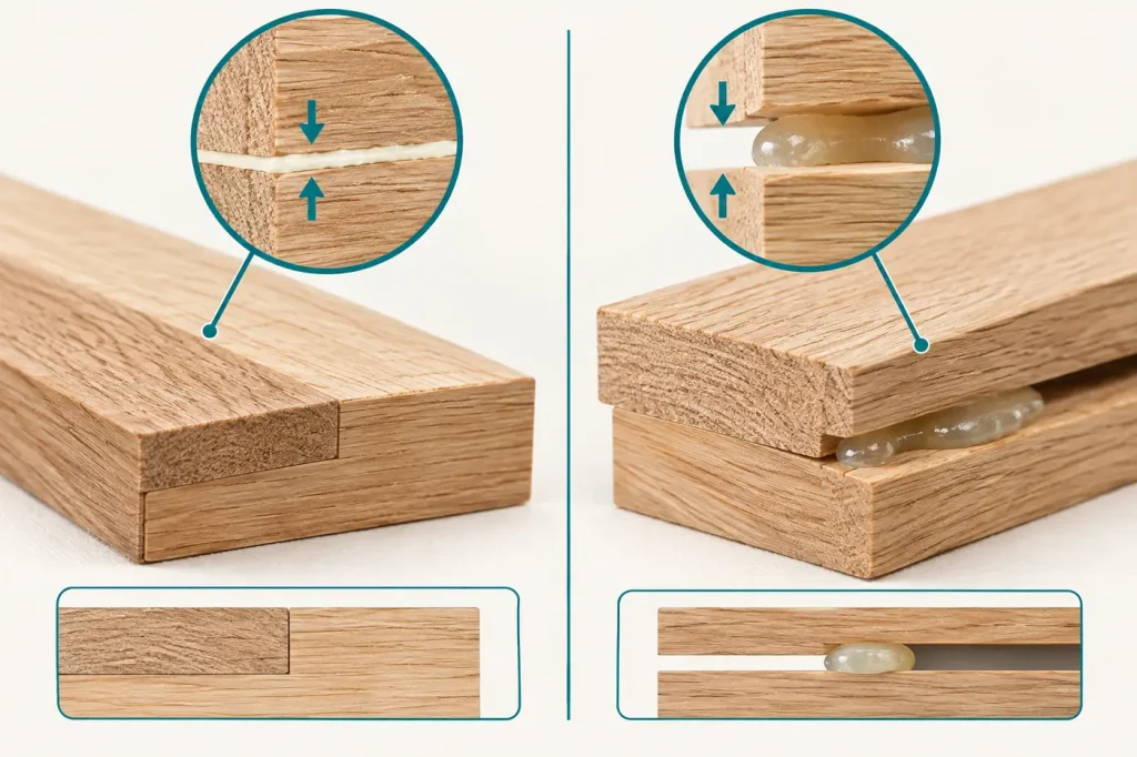 Wood glue close fitting lap joint compared with bulky hot glue bead causing joint gap