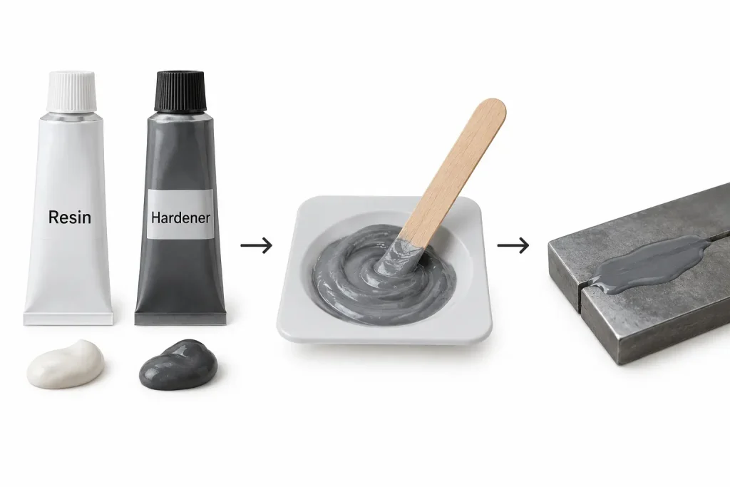 Equal resin hardener portions mixed to uniform color