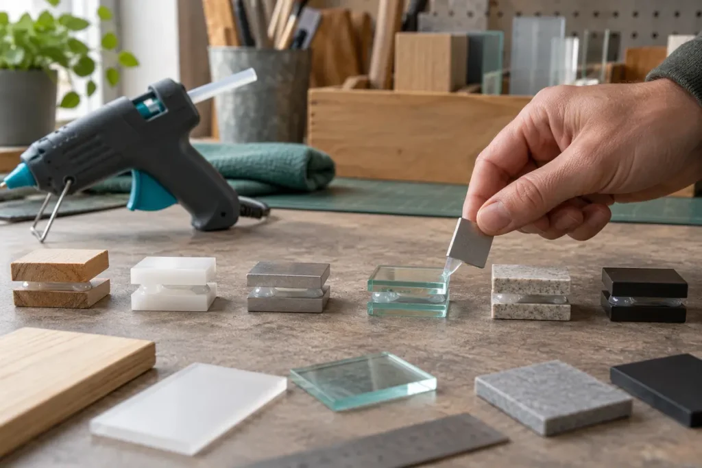 Hot-glue gun and small sample bonds on different materials