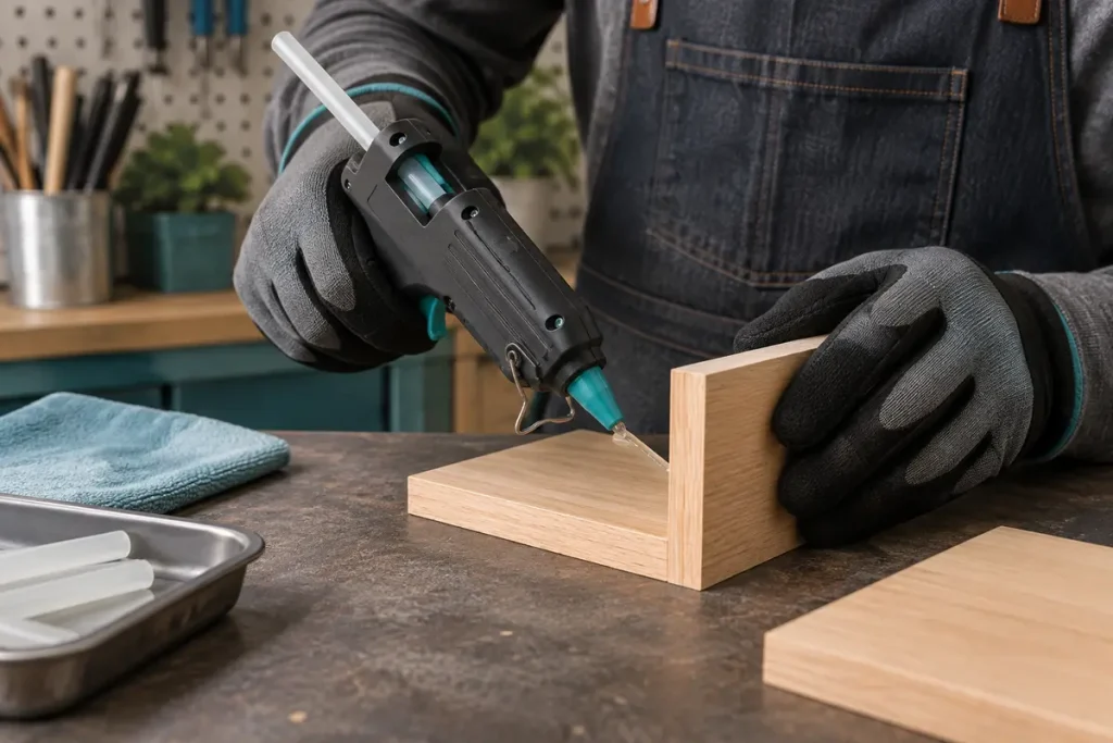 Careful hot-glue application to a supported wood craft sample