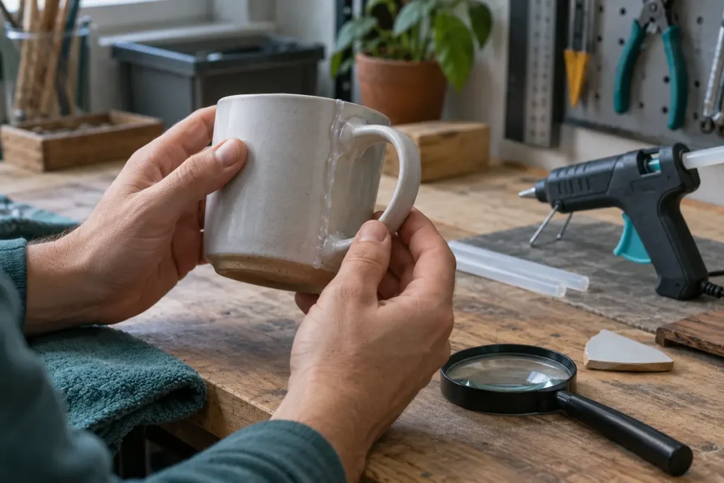 Examining a cooled decorative hot-glue repair