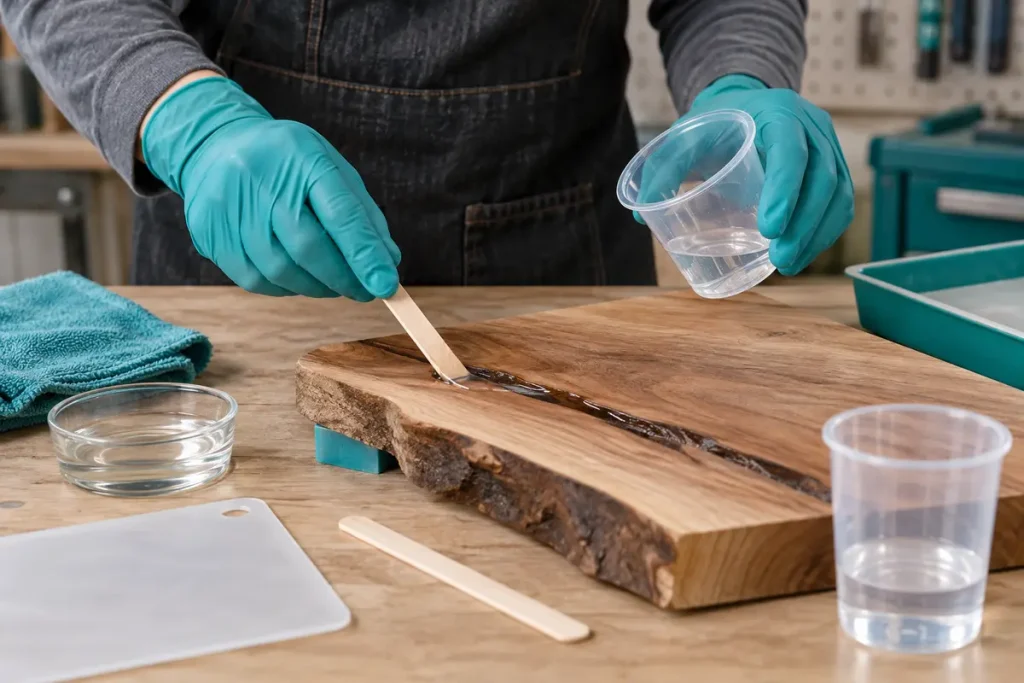 Gloved hands spreading mixed epoxy on a wood sample