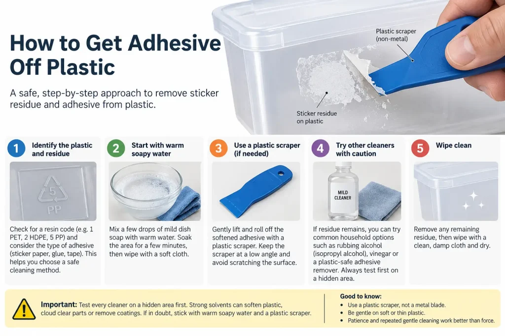 Plastic scraper lifting sticker residue on plastic box