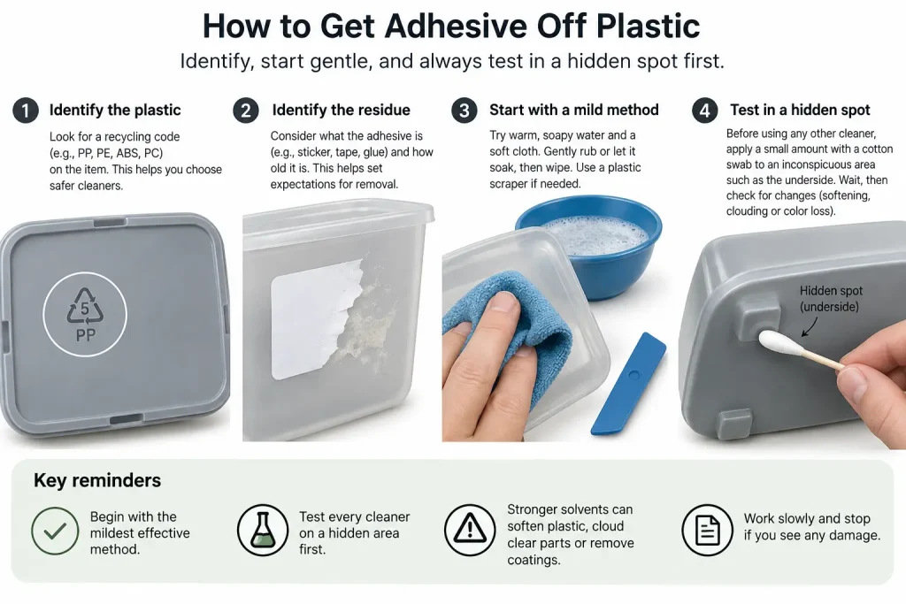 Hidden spot test with cotton swab on underside of plastic item