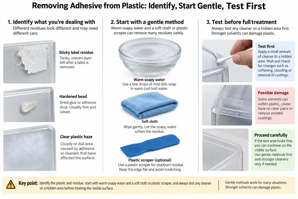 Three panels comparing sticky label residue hardened bead and clear plastic haze