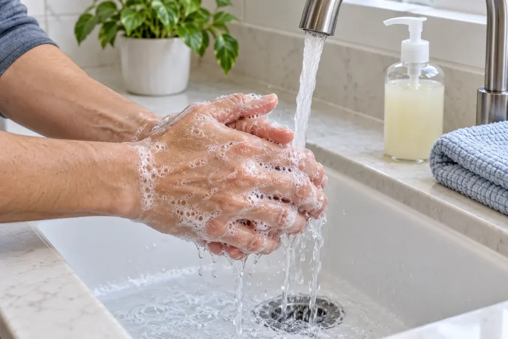 Washing hands with soap and lukewarm running water after cleanup