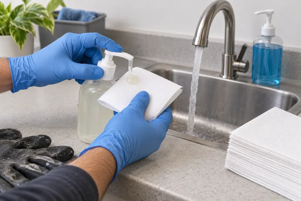Waterless skin cleanser and clean towel prepared beside a sink