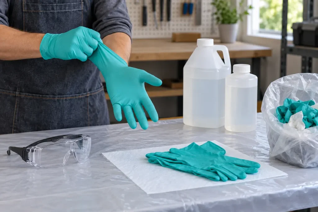 Putting on fresh protective gloves before epoxy work