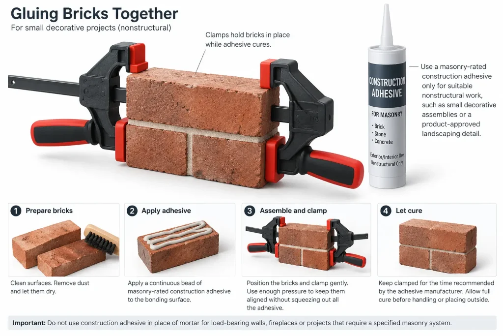 Small decorative brick assembly clamped while adhesive cures