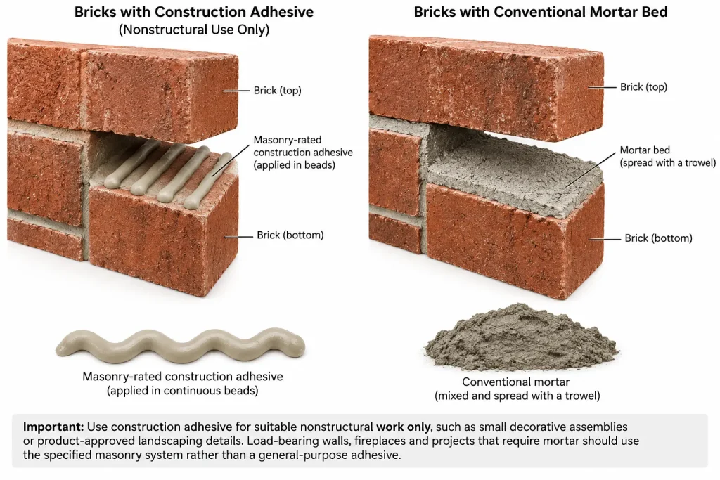 Brick cutaway with adhesive beads contrasted with conventional mortar bed