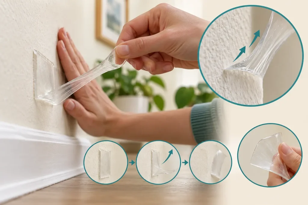 Slow low-angle peeling transparent gel mounting tape from painted wall with support hand