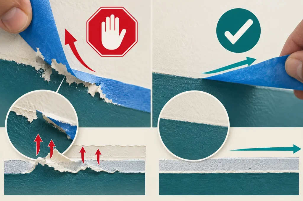 Paint lifting at a tape edge with red stop sign beside intact slow peeled section