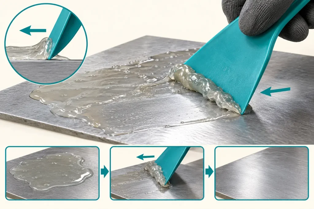 Plastic scraper removing uncured epoxy from flat bare metal sheet