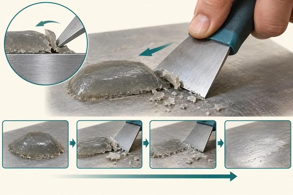 Cured epoxy raised deposit removed in small passes with hand scraper on bare metal