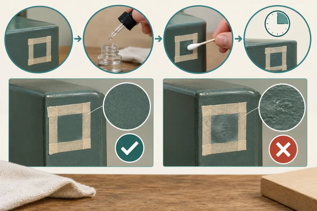 Hidden finish compatibility test before solvent touches painted metal
