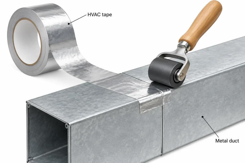 Foil HVAC tape burnished across metal duct seam