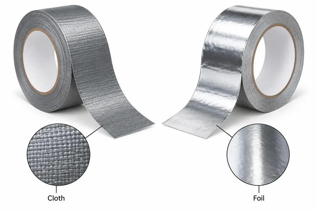 Cloth duct tape compared with listed foil tape showing label check