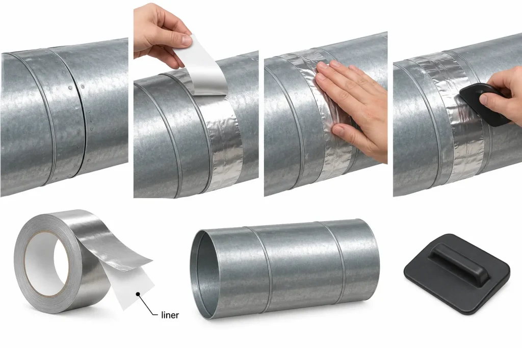 Clean duct seam application peel liner press and burnish