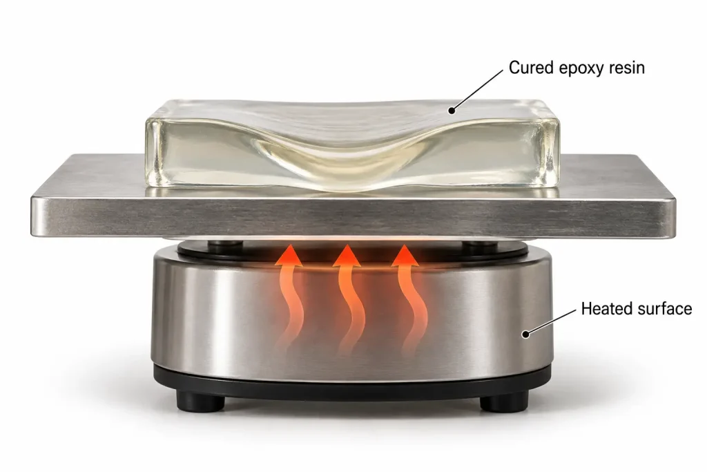 Epoxy cured sample under controlled heat softening conceptual diagram no numeric rating