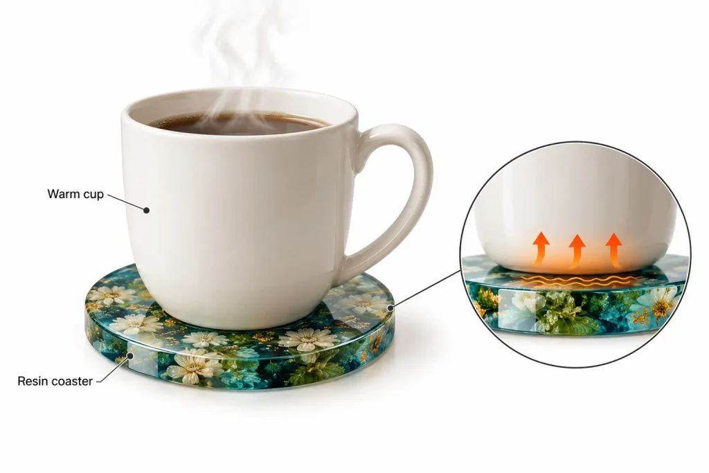 Decorative resin coaster with protected warm cup and no direct hot pan
