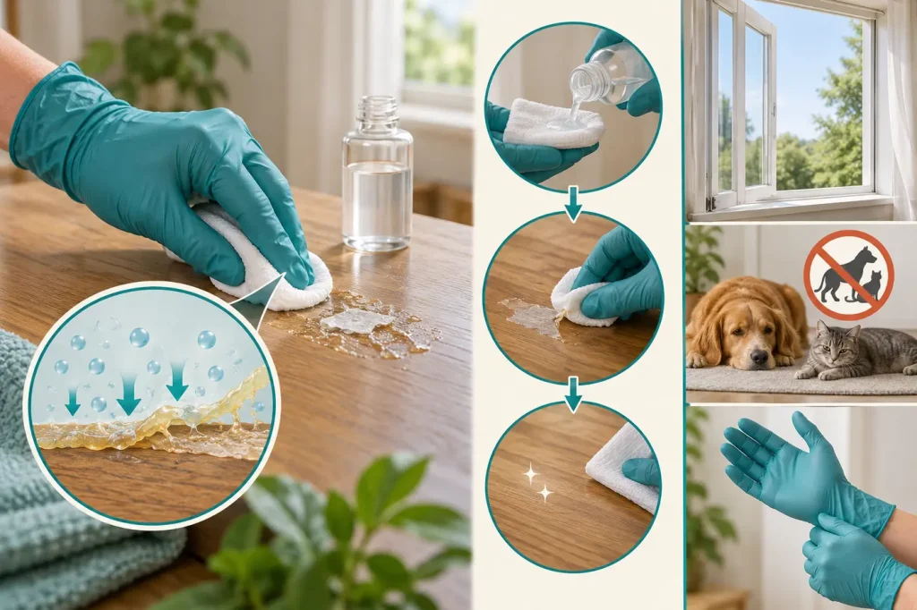 Household adhesive remover used sparingly with gloves and open window away from pets
