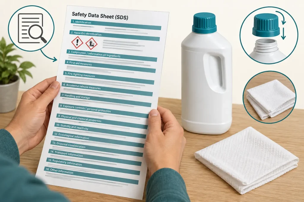 Reading exact cleaner bottle sds beside closed bottle and disposable wiping cloth