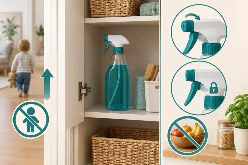 Original cleaner closed and stored upright out of child reach away from food