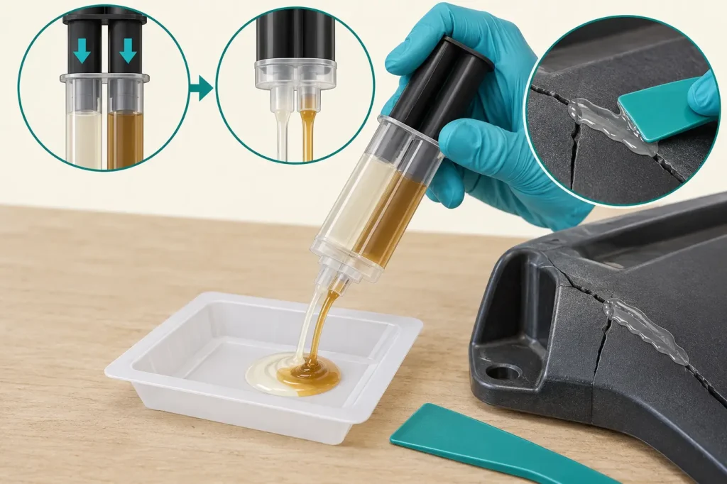 Two-part adhesive syringe dispensing into a disposable mixing tray beside a plastic repair