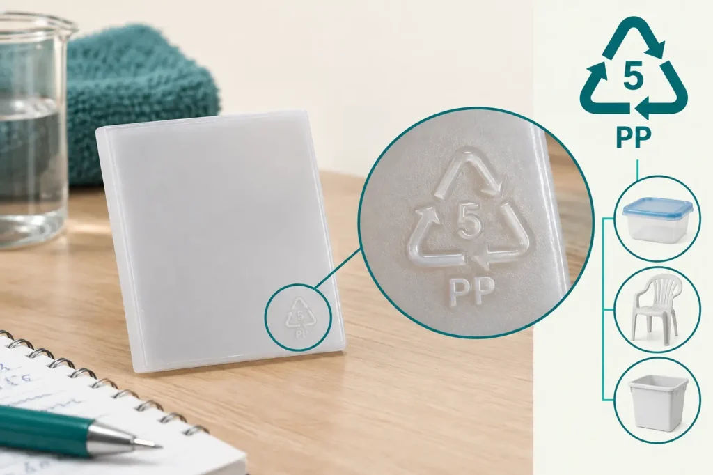 Plastic identification molded pp mark next to a tested rigid plastic coupon