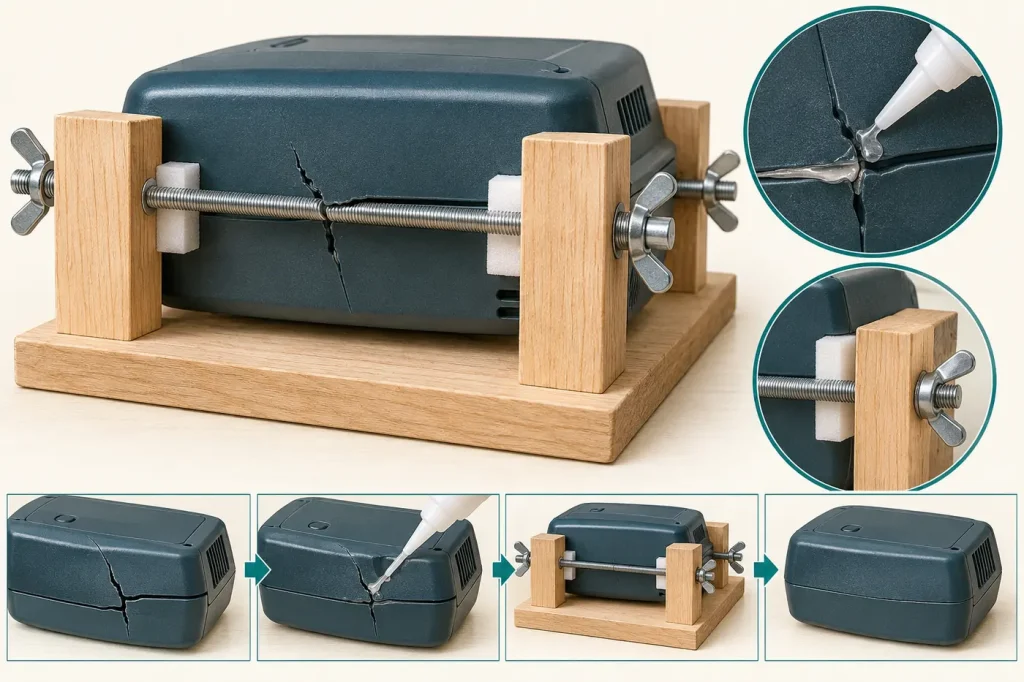A cracked rigid plastic housing supported and aligned during adhesive cure