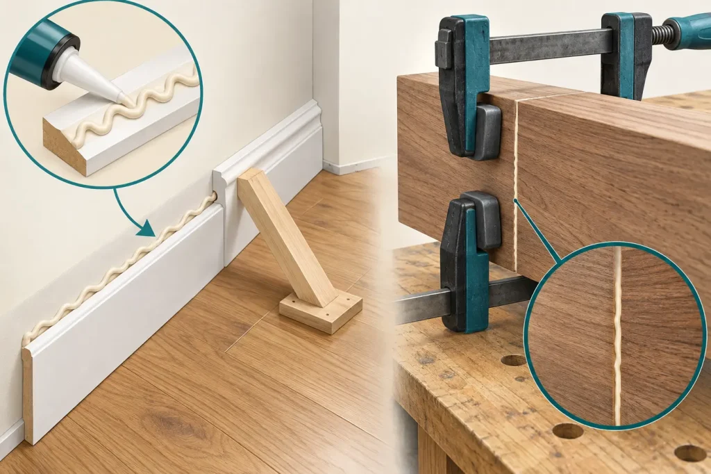 Construction adhesive bead supporting wall trim with brace beside tight clamped wood joint