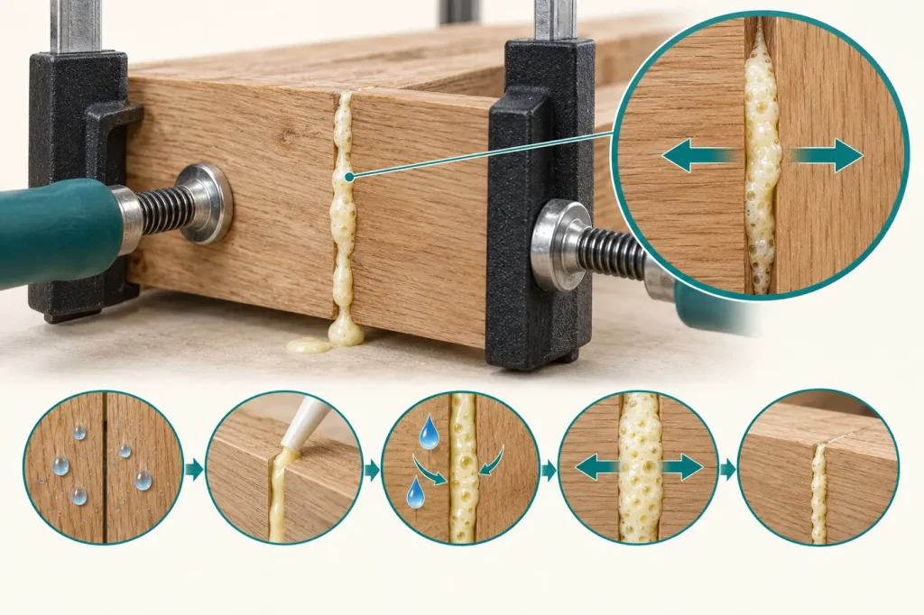 Moisture activated polyurethane glue expanding from close fitting wood joint under clamp