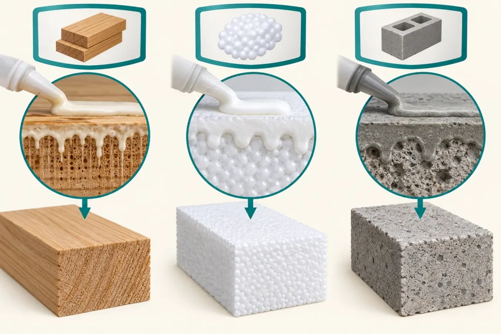 Matching wood foam and masonry sample compatibility to specific adhesive label