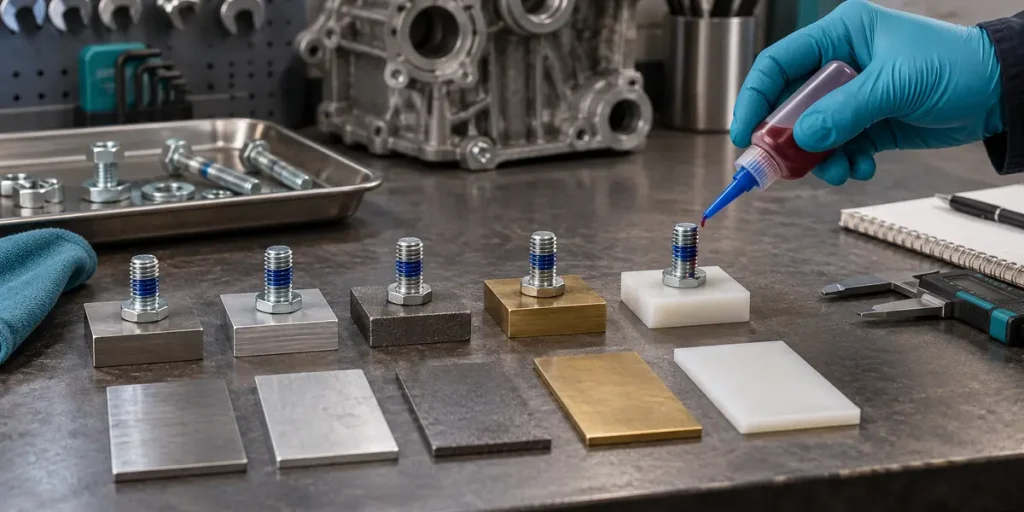 Metal fastener test specimens and threadlocker engagement areas