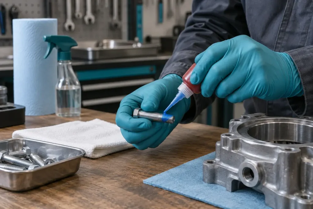 Applying medium-strength threadlocker to a metal bolt