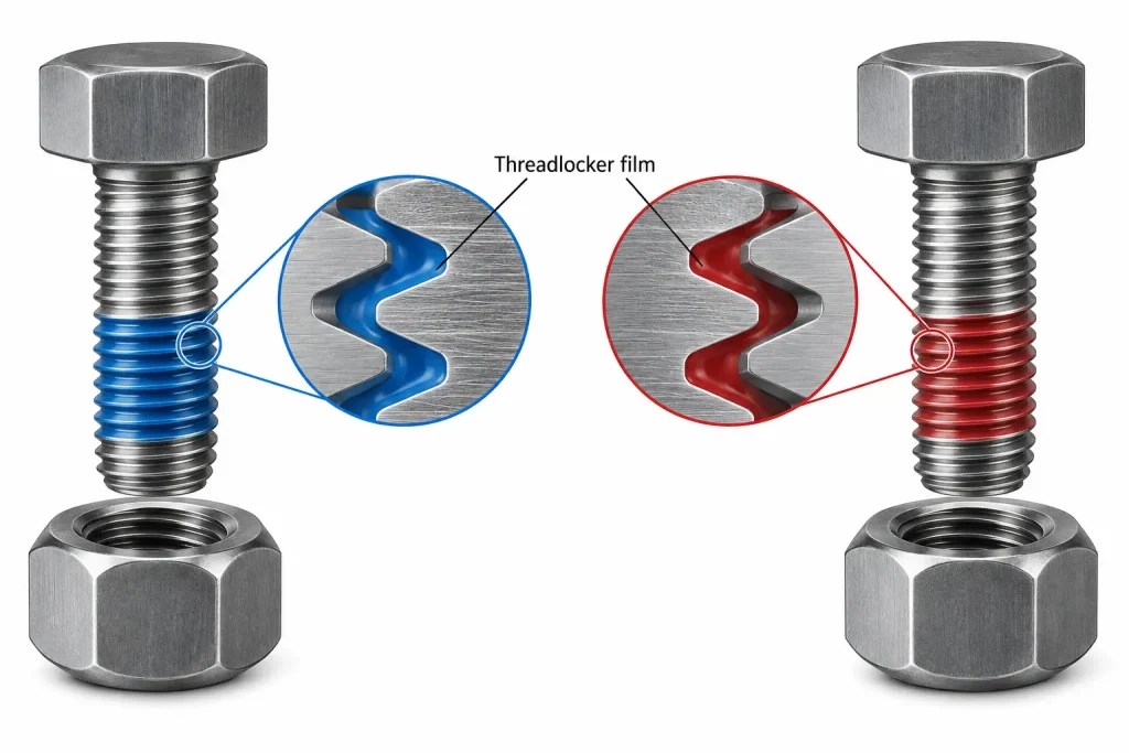 Metal bolt thread engagement with thin threadlocker film cutaway