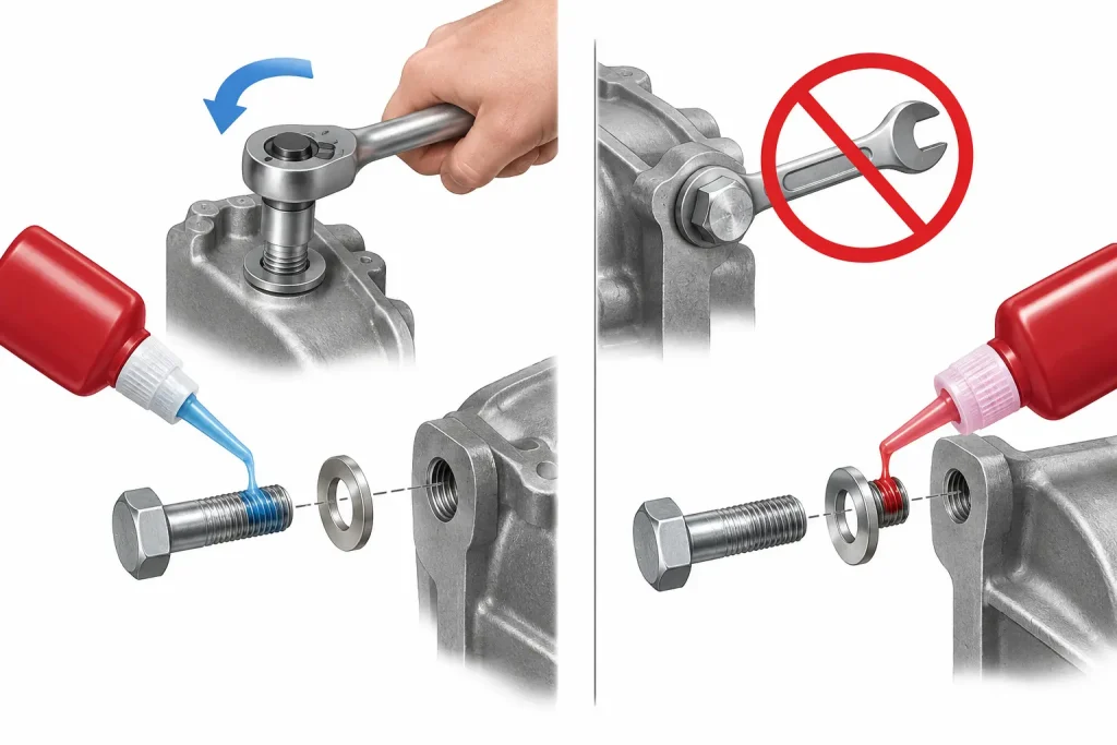 Hand tool servicing bolt contrasted with permanent assembly warning