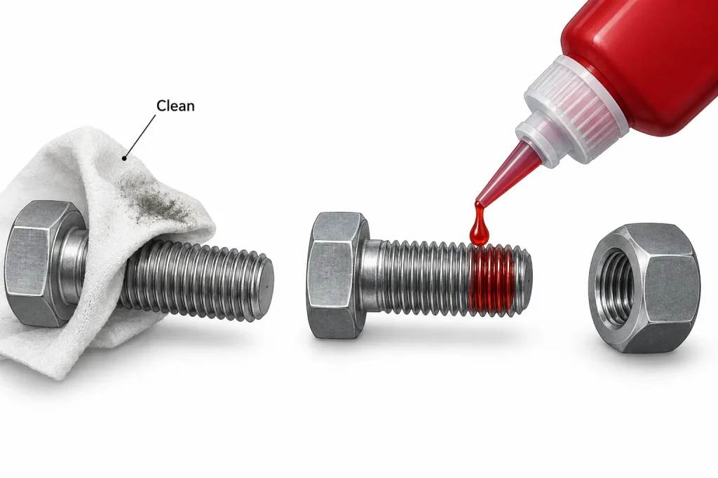 Clean metal threads before controlled threadlocker drop