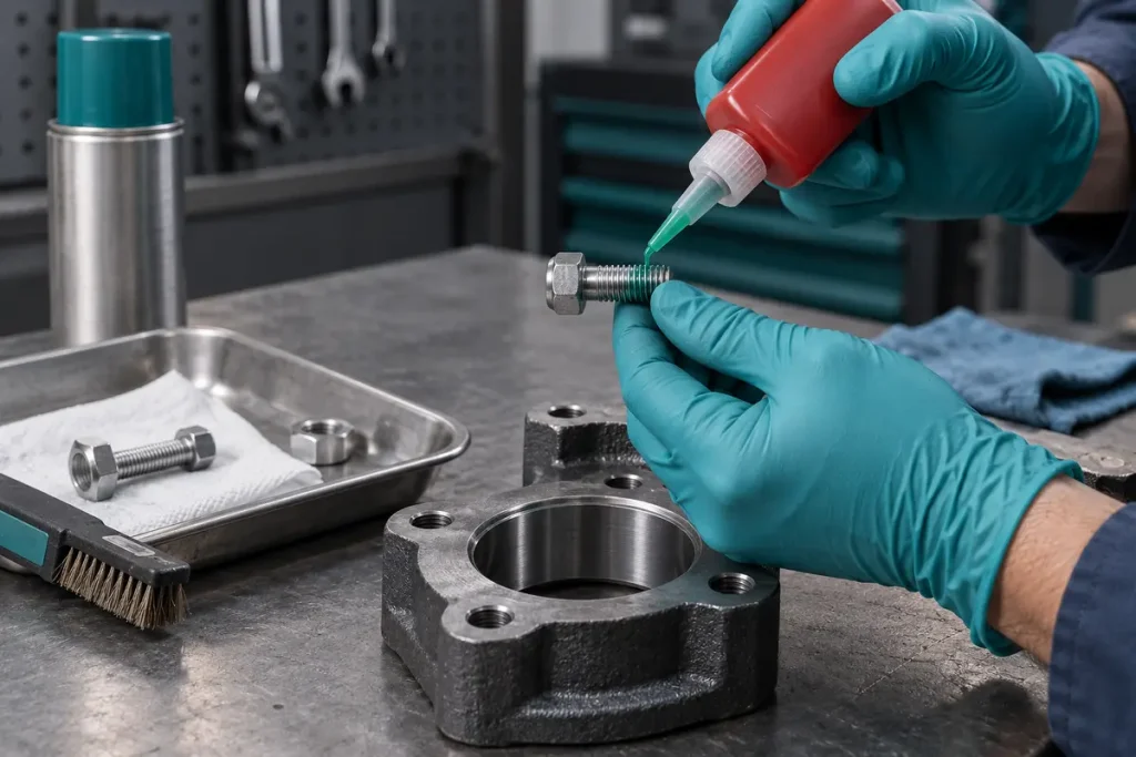 Applying threadlocker to a metal bolt engagement area