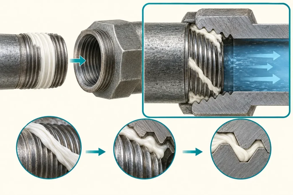 Tapered metal pipe thread cutaway showing sealant in thread spiral