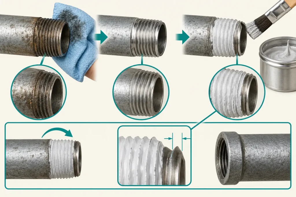Degreasing metal pipe threads and applying sealant while leaving leading thread clear