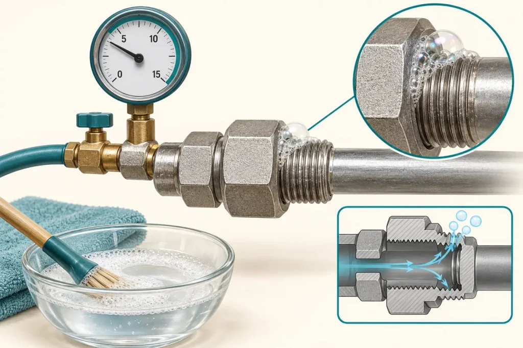 Assembled threaded metal fitting undergoing a controlled low pressure leak check