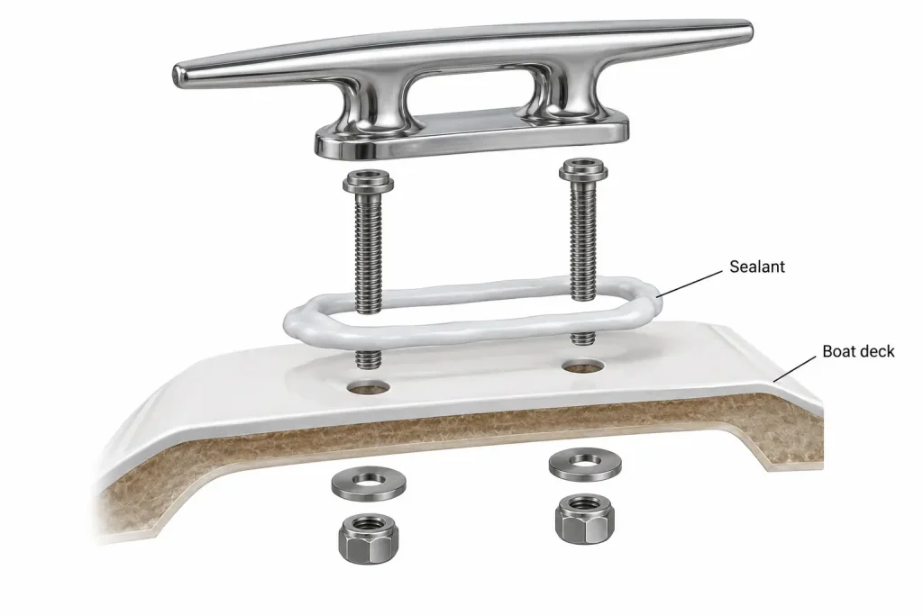 Boat fitting bedding sealant cutaway with bolts and sealant ring