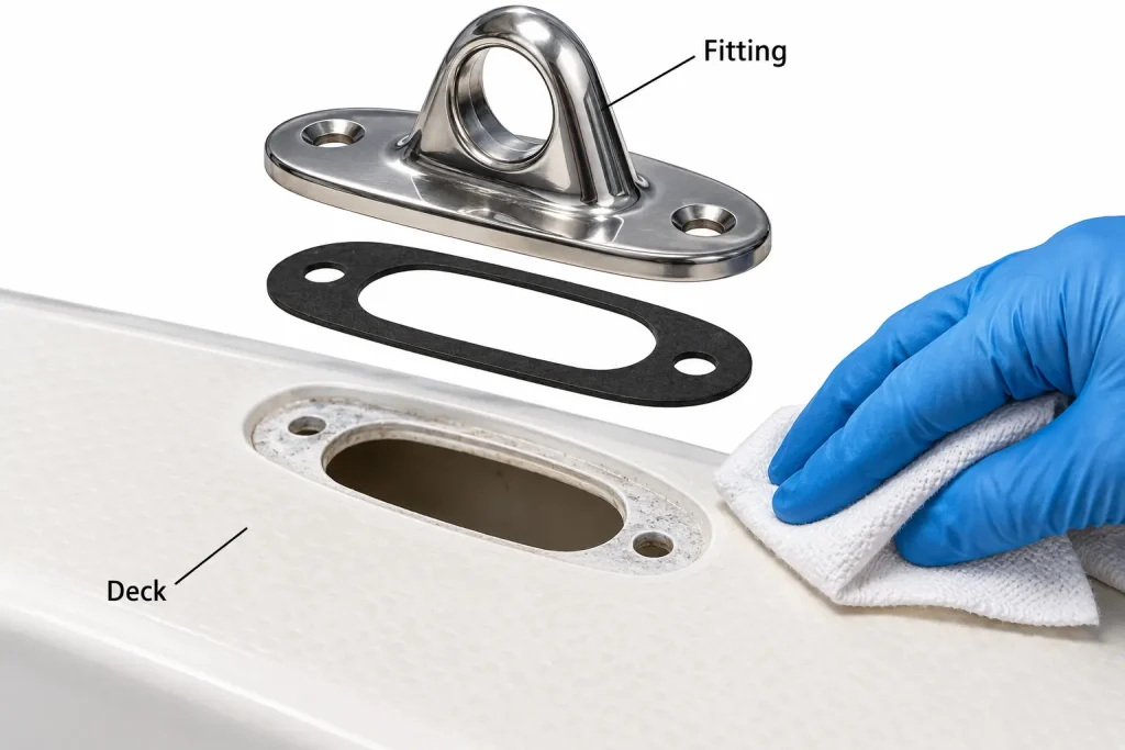 Clean dry marine fitting surface preparation before sealant